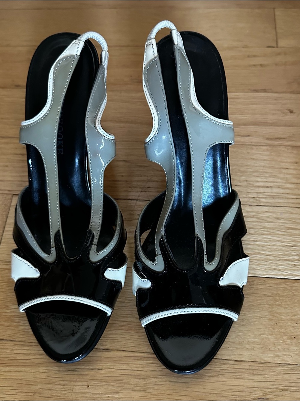 Audrey Brooke Black, Gray and White Patent Slingback Heels